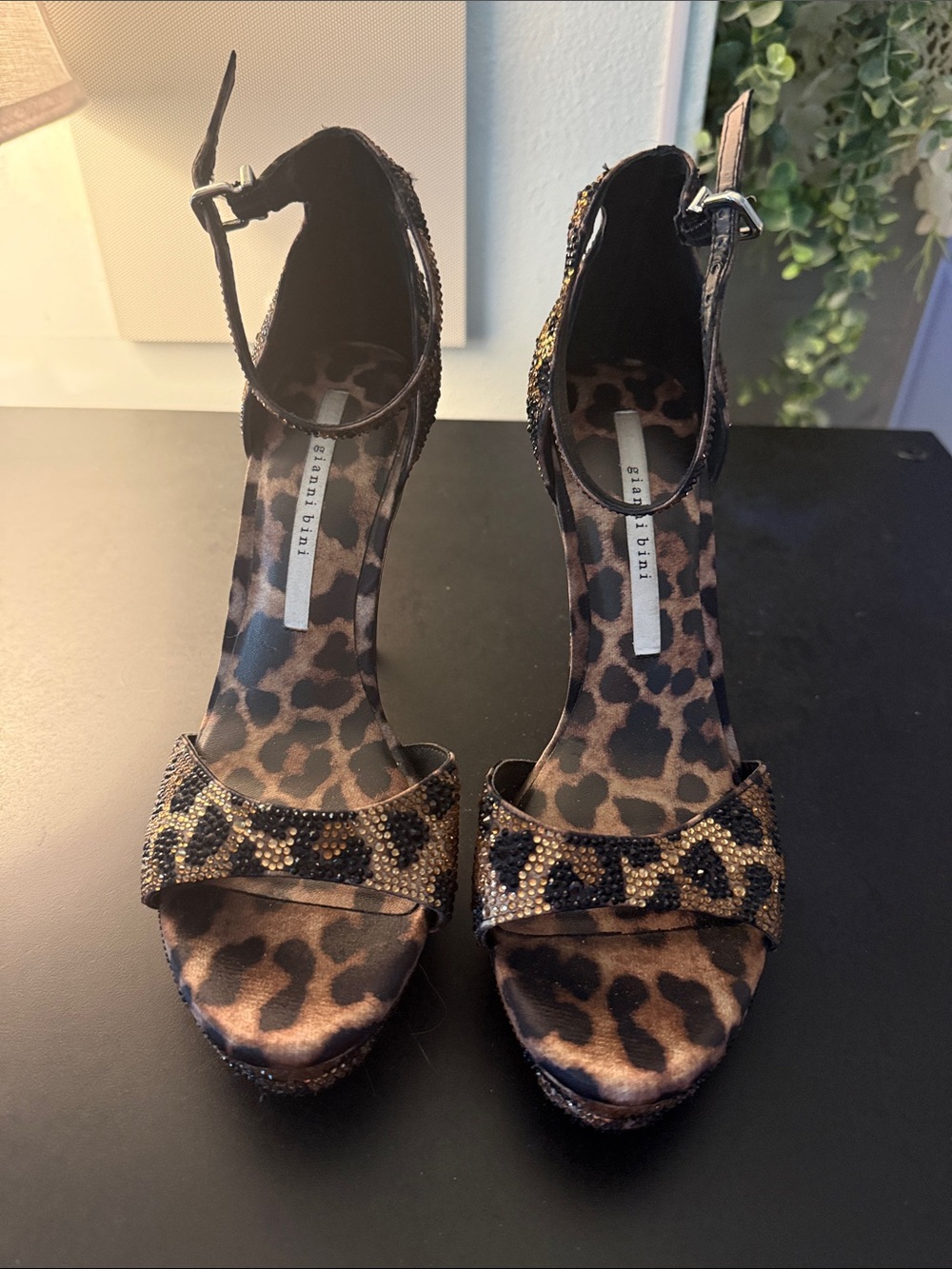 Gianni Bini Leopard Print Ankle-Strap Evening Heels in Brown and Black